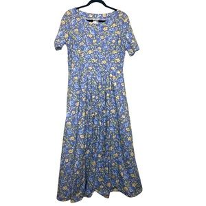 Laura Ashley Blue & Yellow Floral Vintage Short Sleeve Full Button Dress